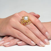 Coral Ruby Pearl Gold Ring