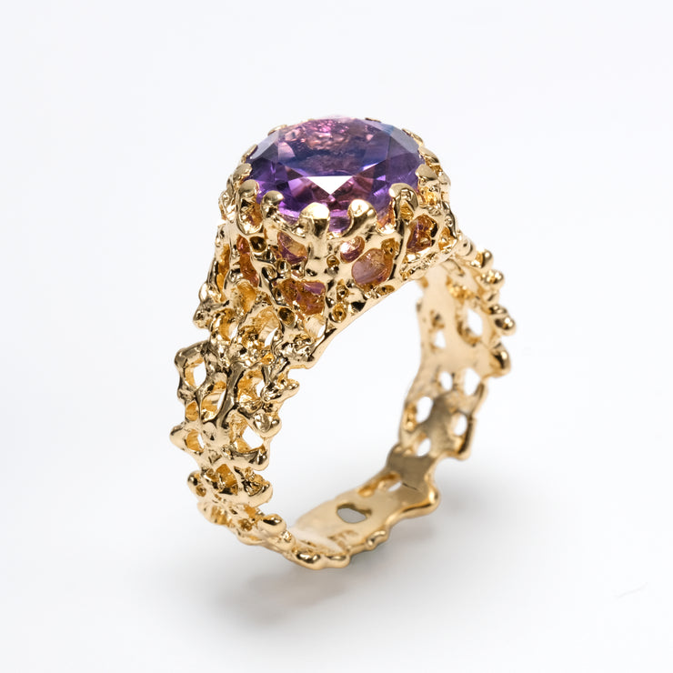 Coral Amethyst Gold Ring