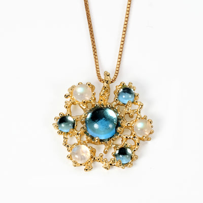 Mandala Blue Topaz Moonstone Gold Pendant Necklace