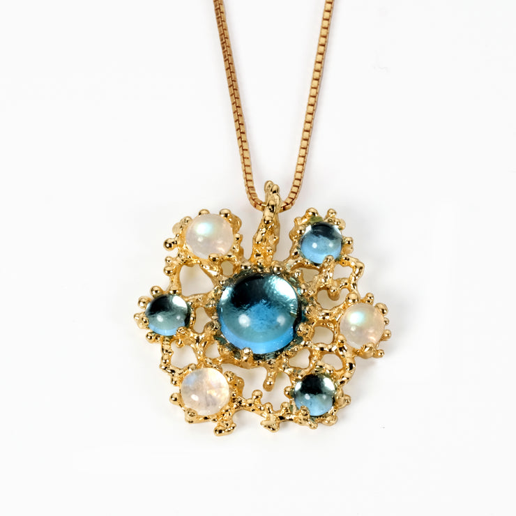 Mandala Blue Topaz Moonstone Gold Pendant Necklace