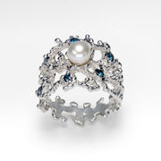 Coral Blue Topaz White Pearl Ring