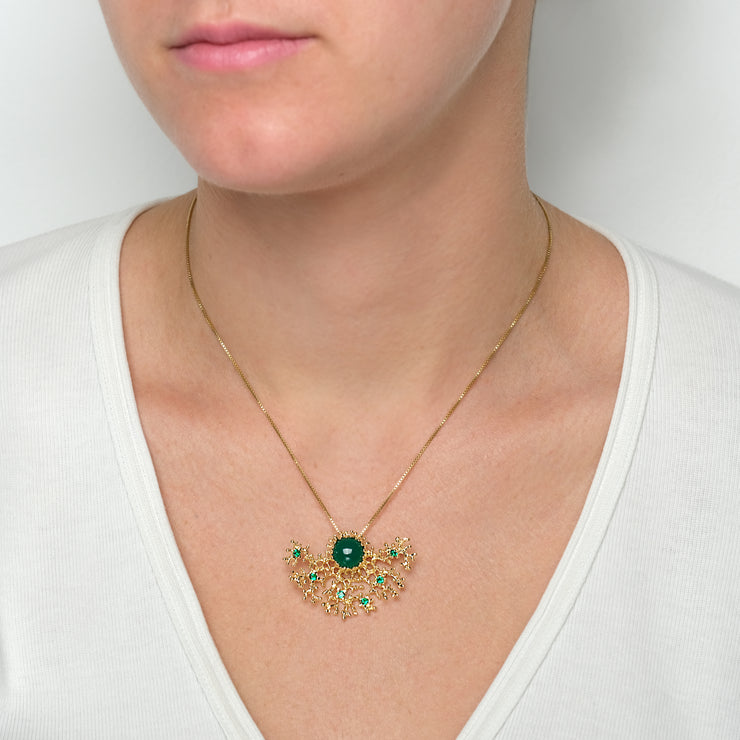 Green Coral Agate and Emerald Gold Pendant Necklace