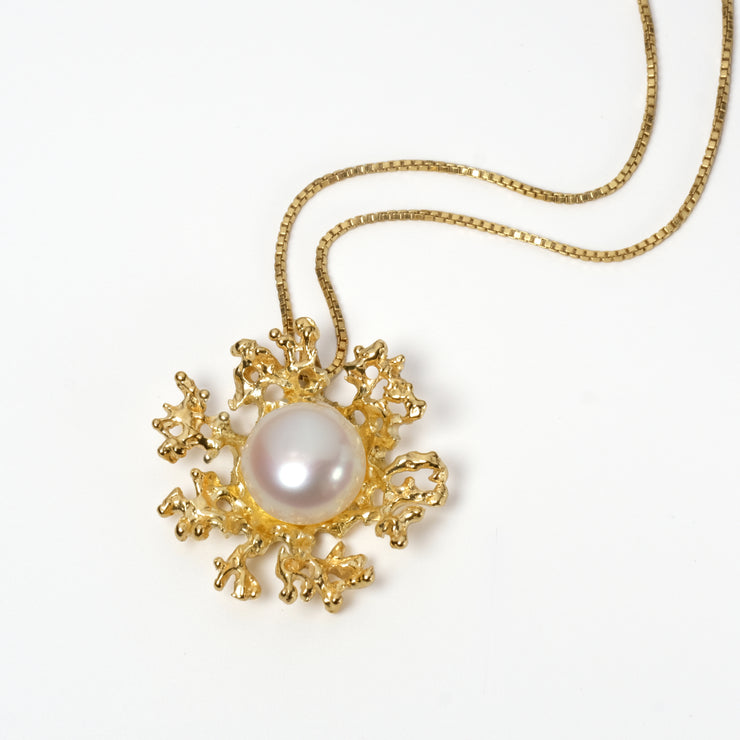 Coral Flower Pearl Gold Pendant Necklace