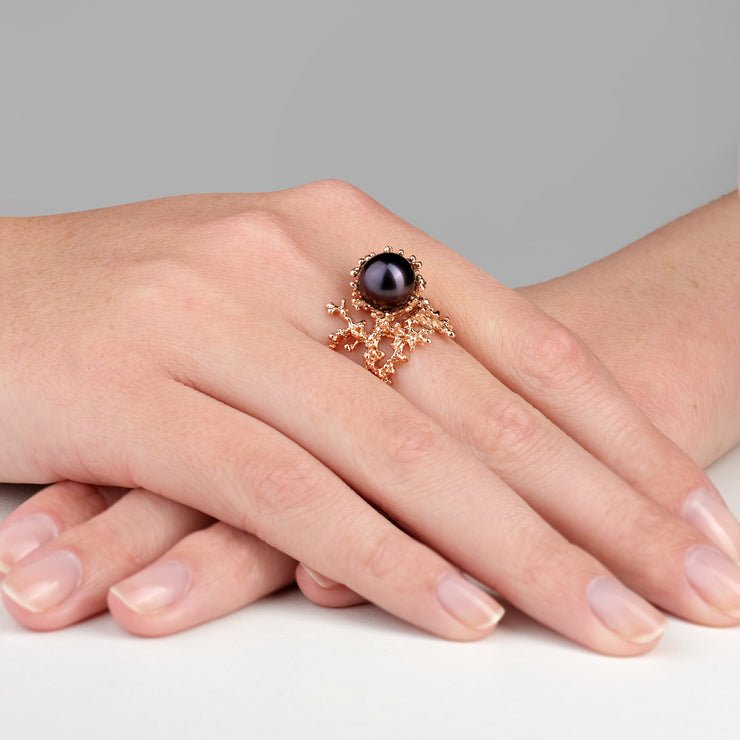 Coral Round Black Pearl Rose Gold Ring