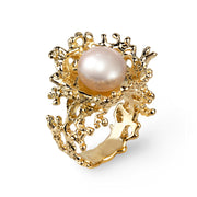 Coral Flower Pearl Gold Ring