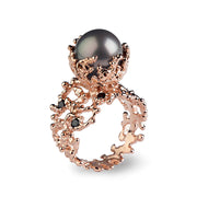Coral Tahitian Pearl Black Diamond Rose Gold Ring