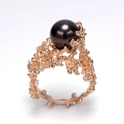Coral Round Black Pearl Rose Gold Ring