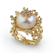 Coral Flower Pearl Diamond Gold Ring