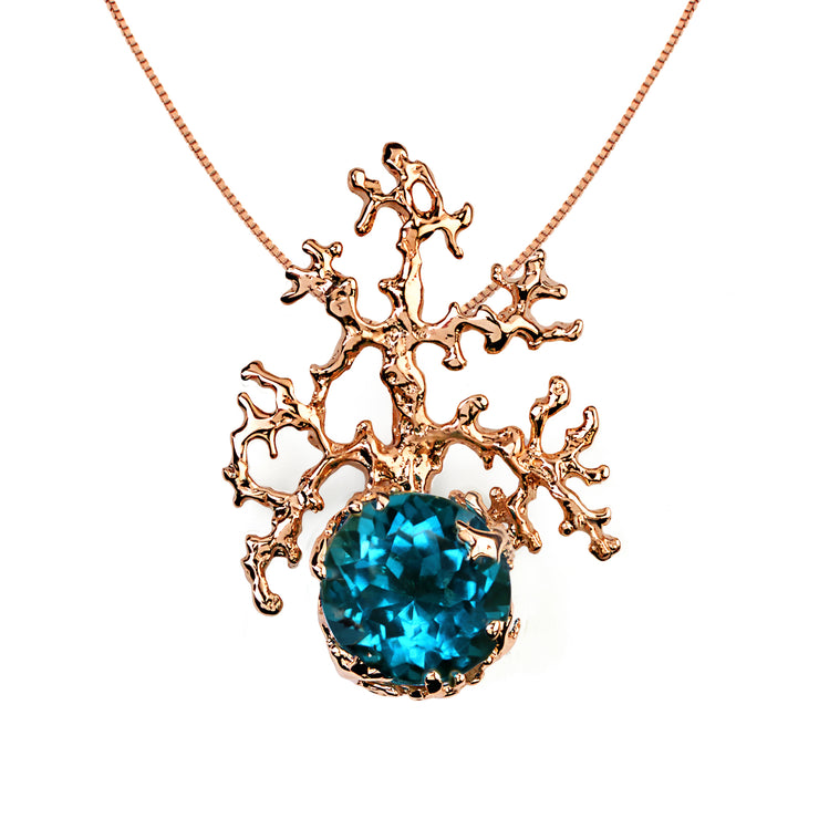Coral London Blue Topaz Rose Gold Pendant Necklace