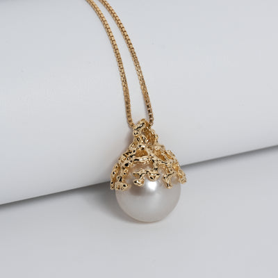 Coral White Pearl Gold Pendant Necklace