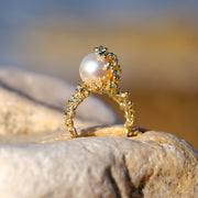 Coral Round Pearl Gold Ring