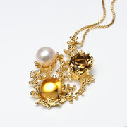 Coral Dream Smoky Quartz, Citrine, White Pearl Gold Pendant Necklace