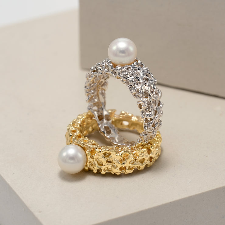 Coral Round Pearl Gold Band Ring
