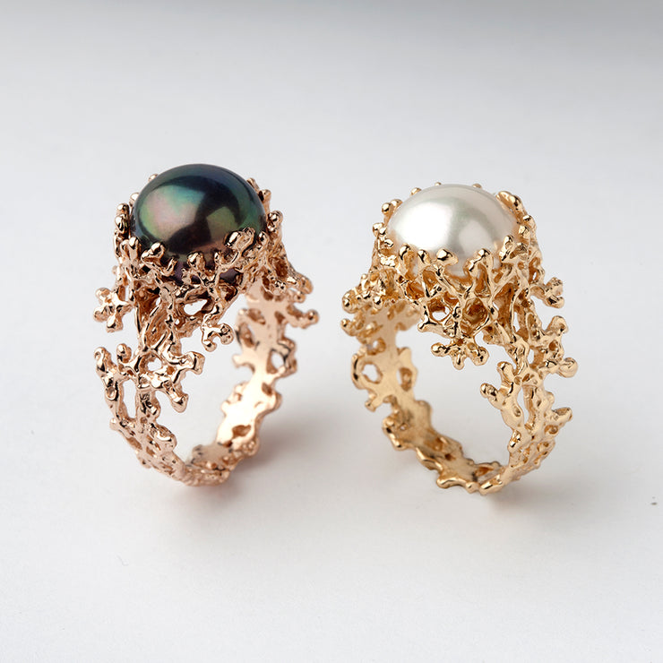 Coral Gray Pearl Gold Ring