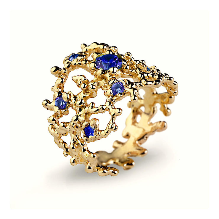 Coral Blue Sapphire Gold Band Ring