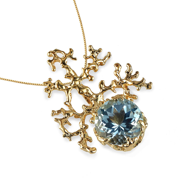 Coral Sky Blue Topaz Gold Pendant Necklace