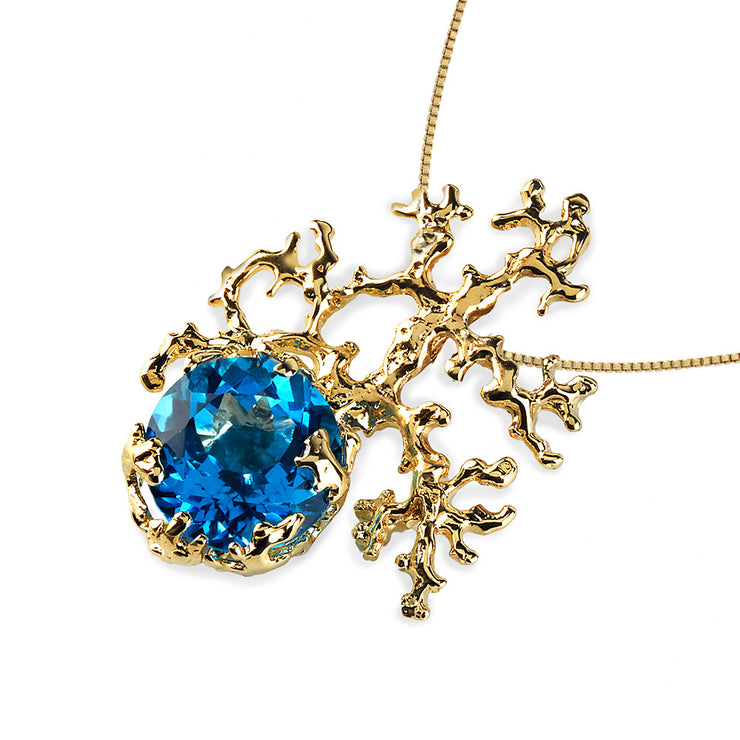 Coral Swiss Blue Topaz Gold Pendant Necklace