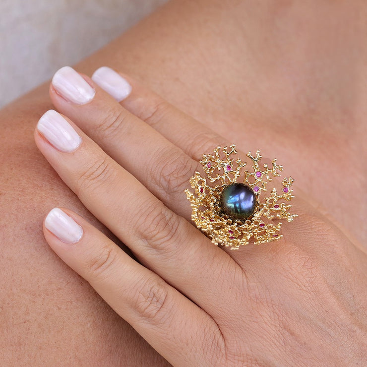 Huge Coral Flower Black Pearl Ruby Gold Ring