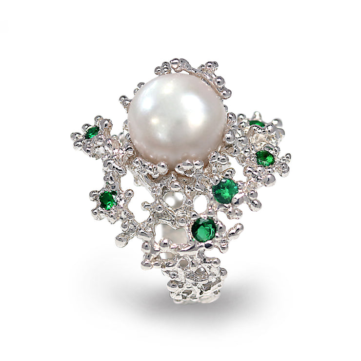 Coral Emerald White Pearl Ring