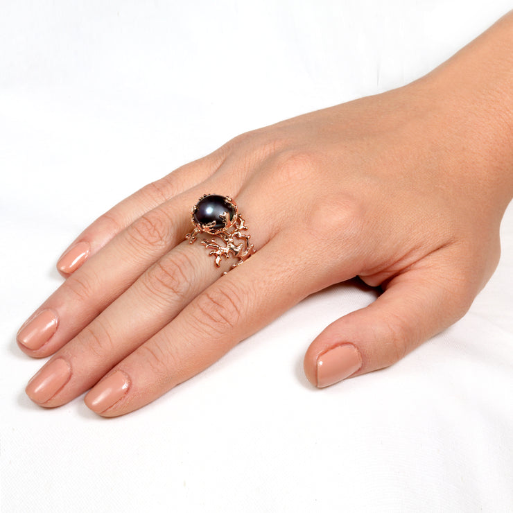 Coral Black Pearl Rose Gold Ring