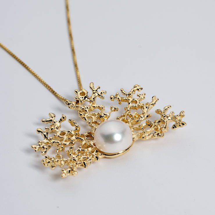 Coral Pearl Gold Pendant Necklace