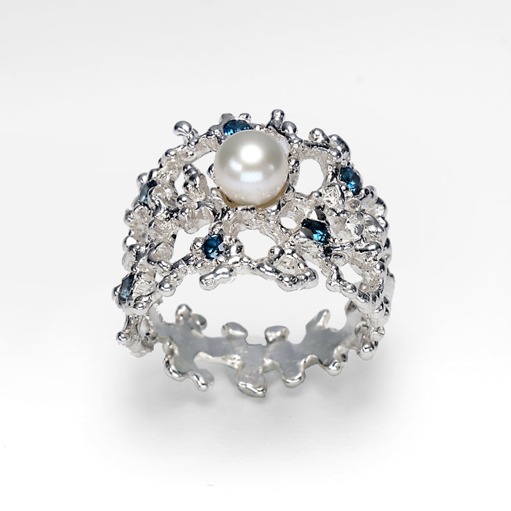Coral Blue Topaz White Pearl Ring