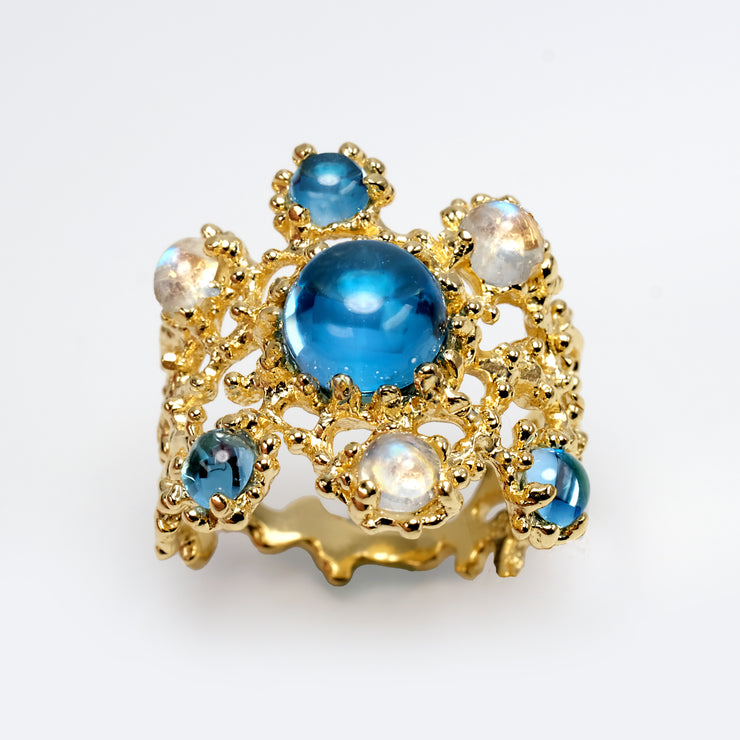 Mandala Gold Blue Topaz Moonstone Ring