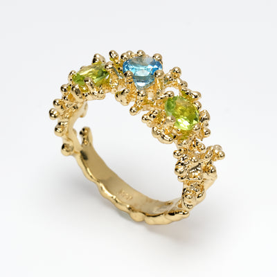 Coral 3 Stone Gold Blue Topaz Peridot Ring