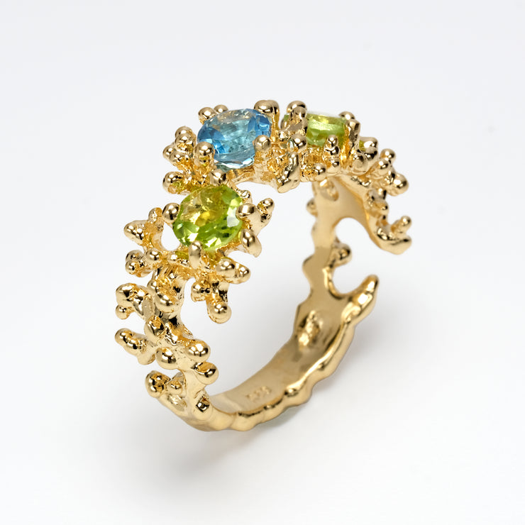 Coral 3 Stone Gold Blue Topaz Peridot Ring