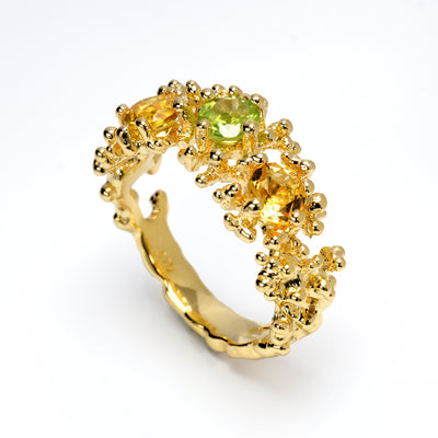Coral 3 Stone Gold Citrine Peridot Ring