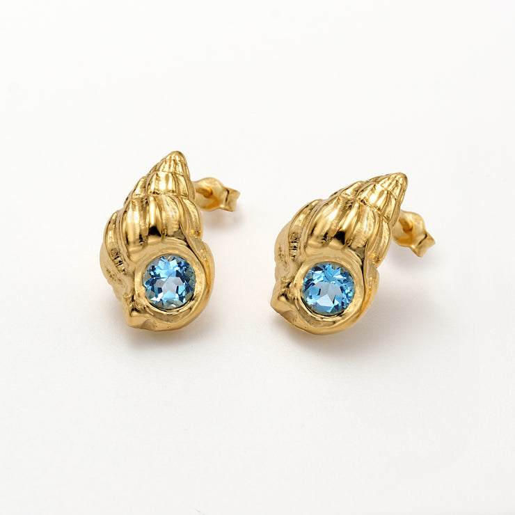 Seashell Shell Gold Blue Topaz Stud Earrings