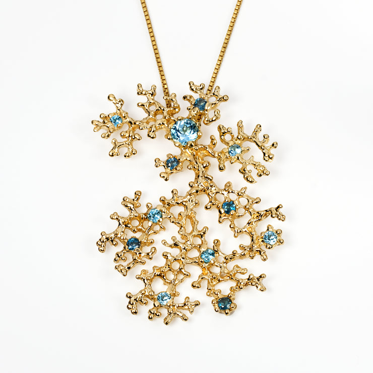 Coral Glam Gold Blue Topaz Pendant Necklace