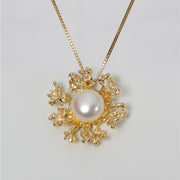Coral Flower Pearl Gold Pendant Necklace