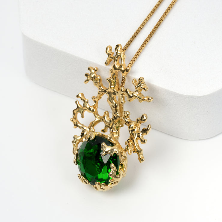 Coral Emerald Gold Pendant Necklace