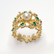 Coral Emerald Pearl Gold Ring