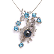 Coral Reef Sea Shell Blue Topaz Black Pearl Pendant Necklace