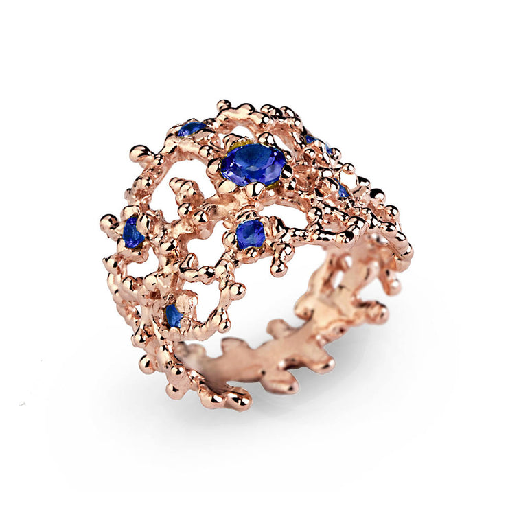 Coral Blue Sapphire Rose Gold Band Ring