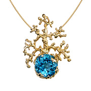 Coral Swiss Blue Topaz Gold Pendant Necklace