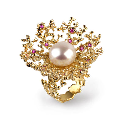 Huge Coral Flower Pearl Ruby Gold Ring