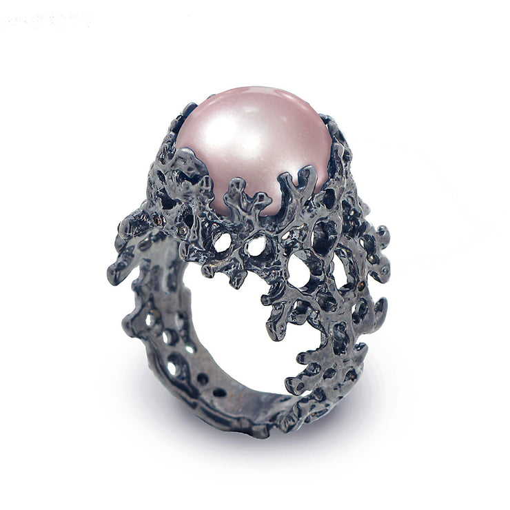 Coral Pink Pearl Wide Black Ring