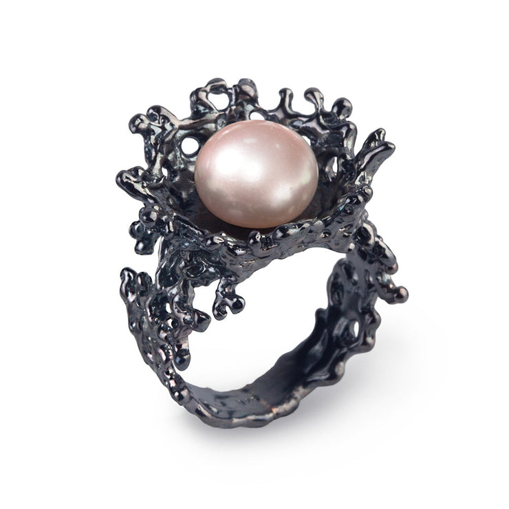 Coral Flower Pink Pearl Black Ring