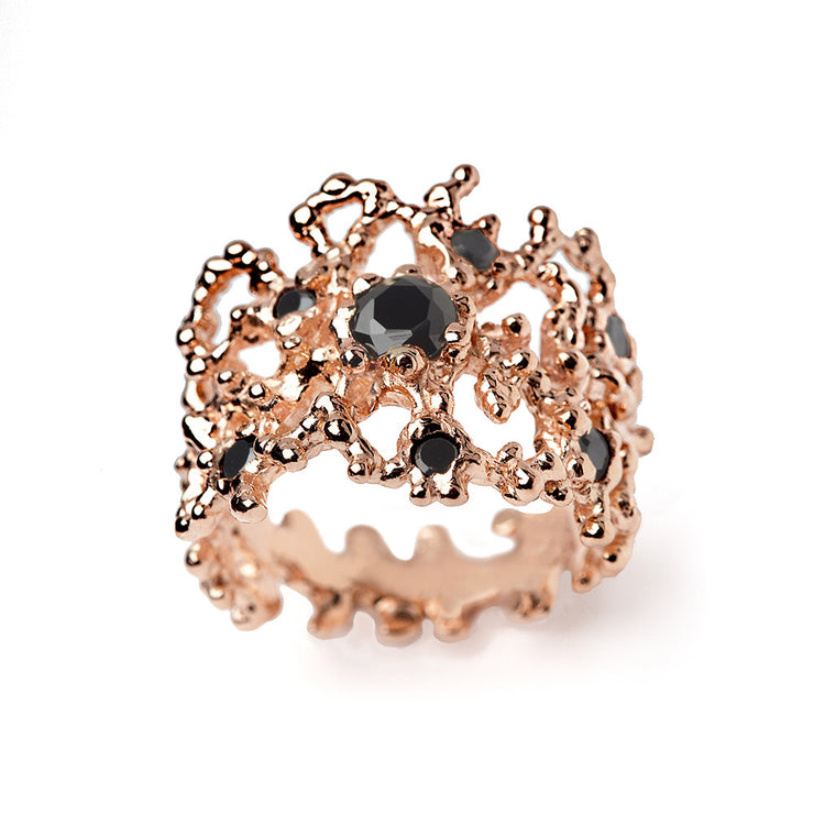 Coral Black Gemstone Rose Gold Band Ring
