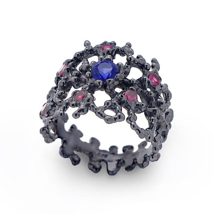 Coral Sapphire and Rubies Black Band Ring