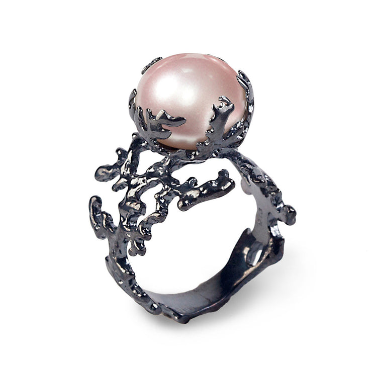 Coral Pink Pearl Black Ring