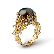Coral Black Pearl Wide Gold Ring