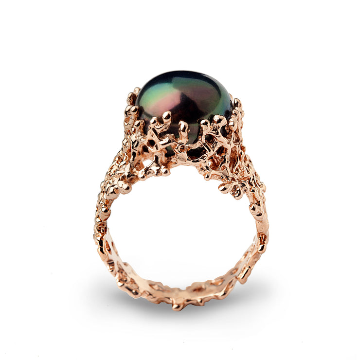 Coral Black Pearl Wide Rose Gold Ring