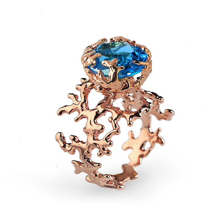 Coral Swiss Blue Topaz Rose Gold Ring