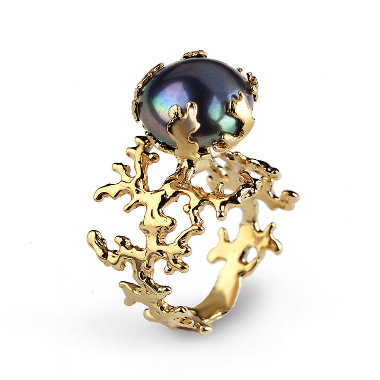 Coral Black Pearl Gold Ring
