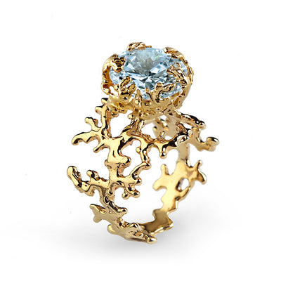 Coral Sky Blue Topaz Gold Ring
