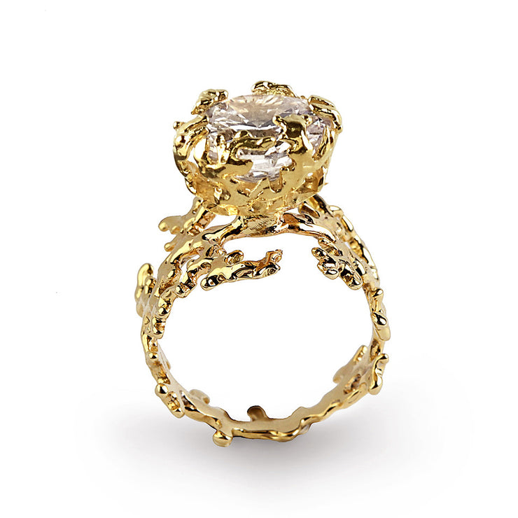 Coral Cubic Zirconia CZ Gold Ring